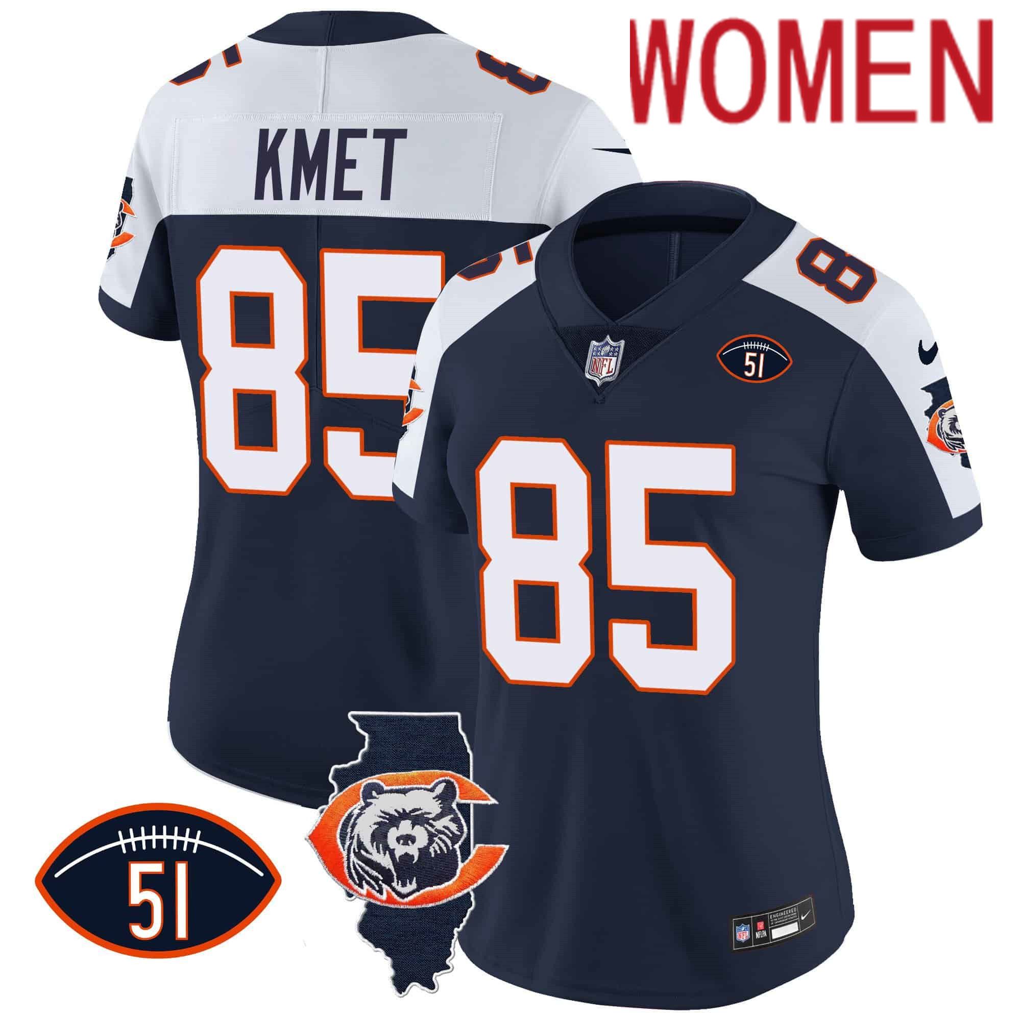Women Chicago Bears #85 Kmet Blue 2024 Nike Throwback Illinois Patch Vapor NFL Jersey